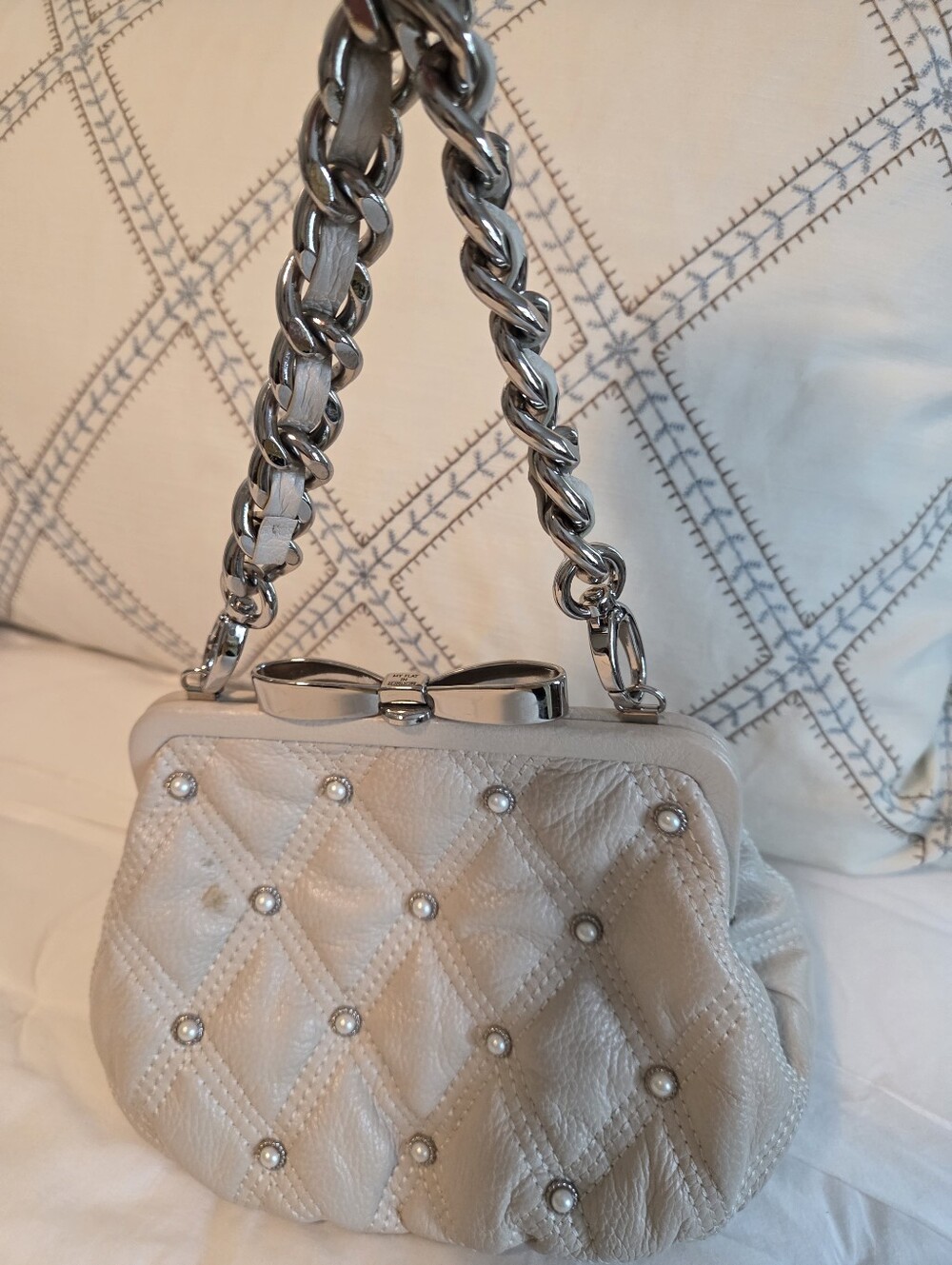 Off White Leather Small Handbag With Pearl And Silver Decorative Beading